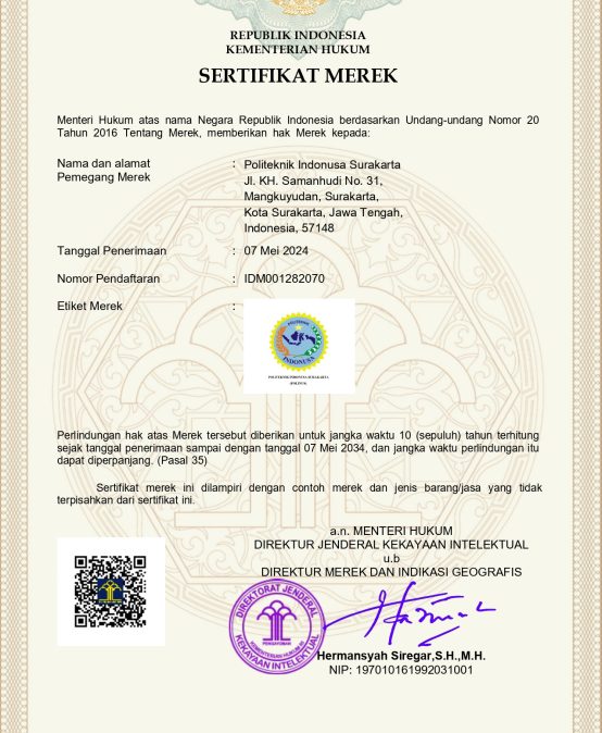 Sertifikat Merek Politeknik Indonusa Surakarta