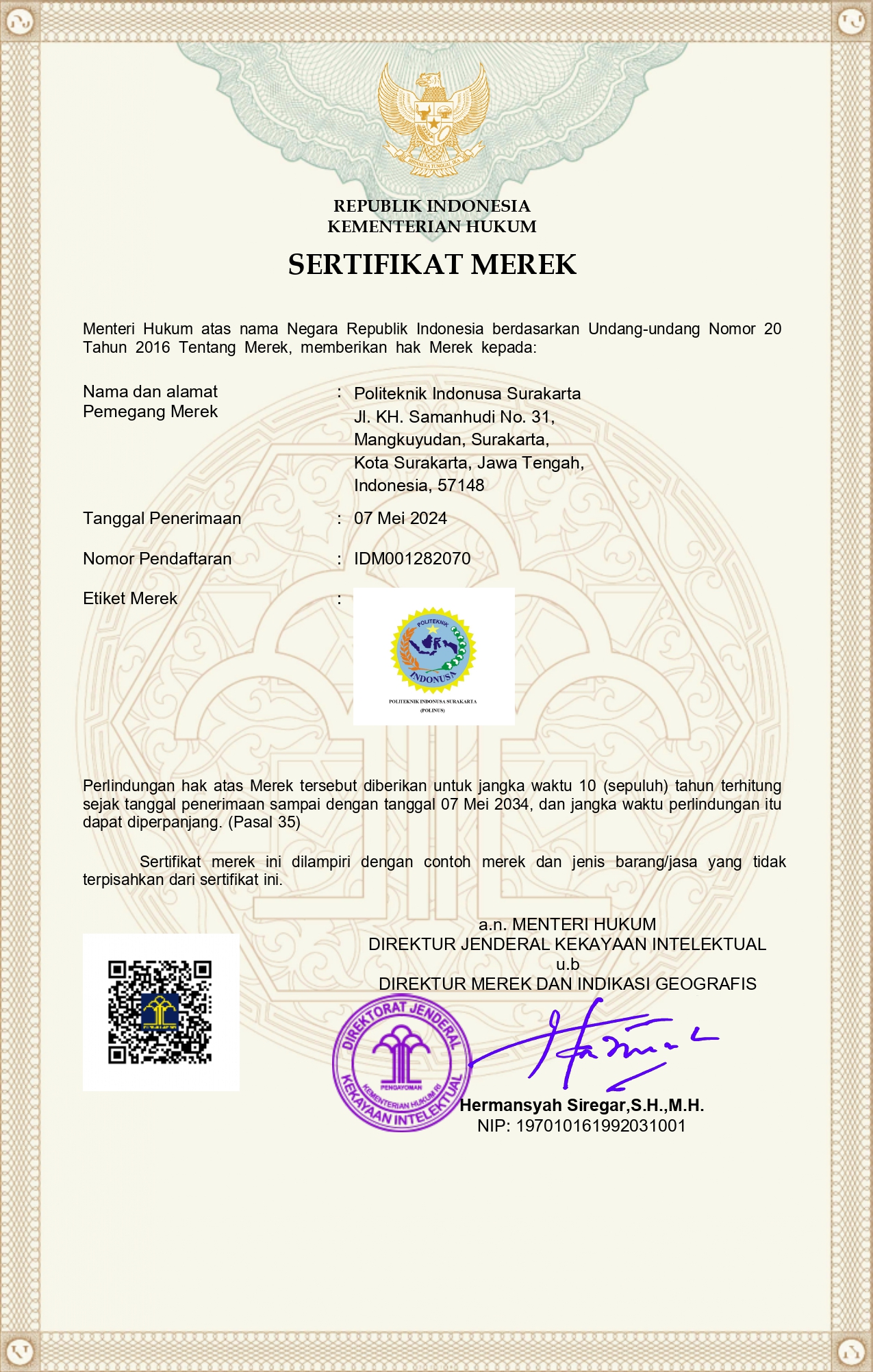Sertifikat Merek Politeknik Indonusa Surakarta